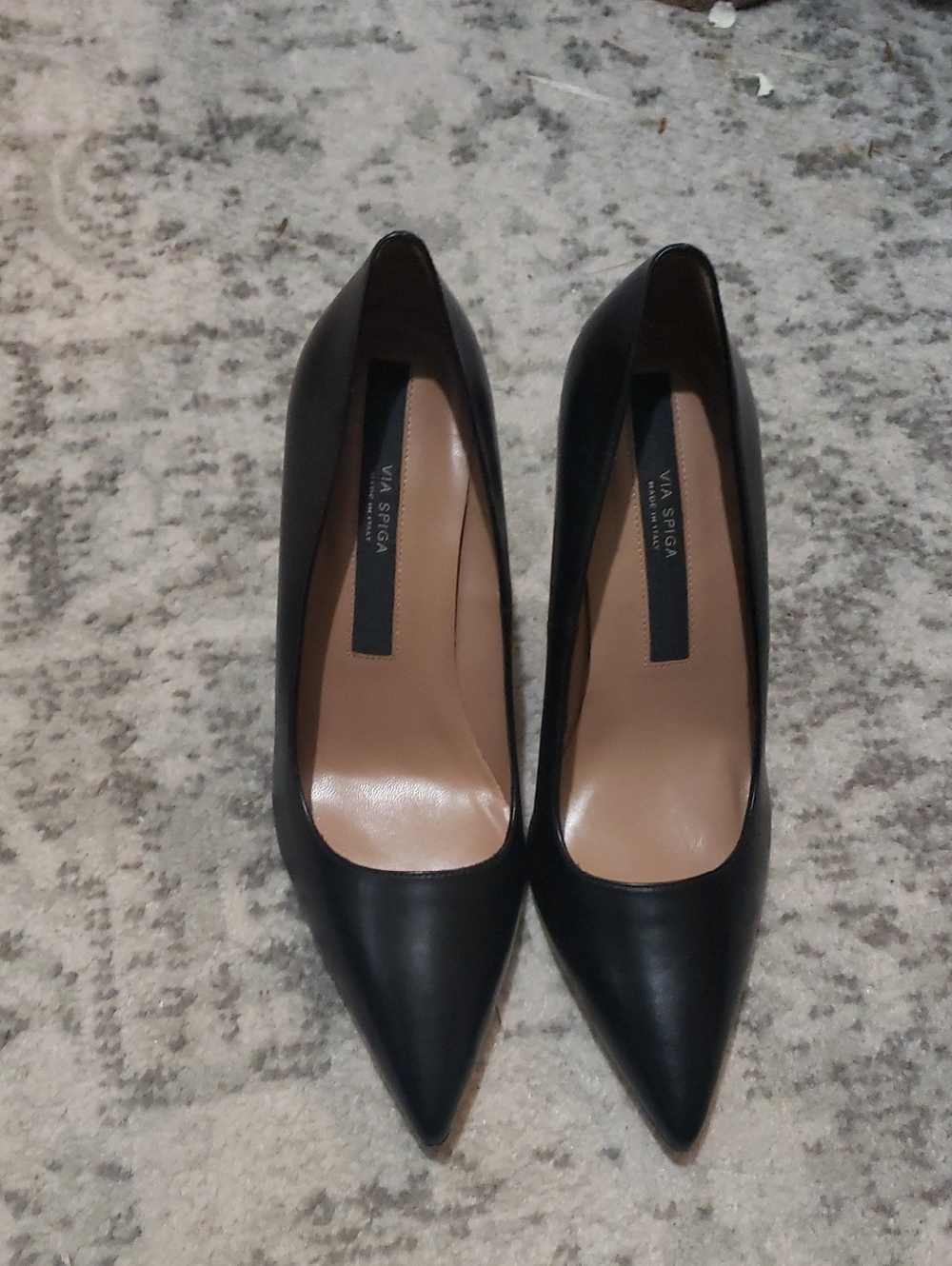 Via Spiga Black Leather Pointed Toe Pumps with Nude Insole